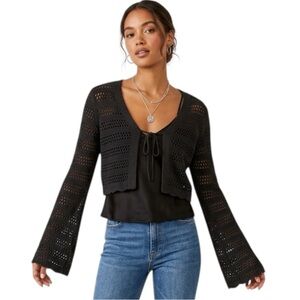 Jolie & Joy Black Crochet Flare Sleeve Cardigan Size Large